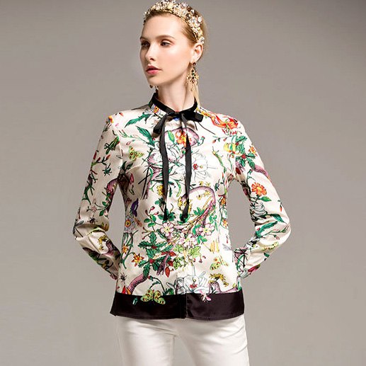 New Arrival 2022 Women's O Neck Long Sleeves Bow Detailing Printed Fashion Designer Runway Shirts