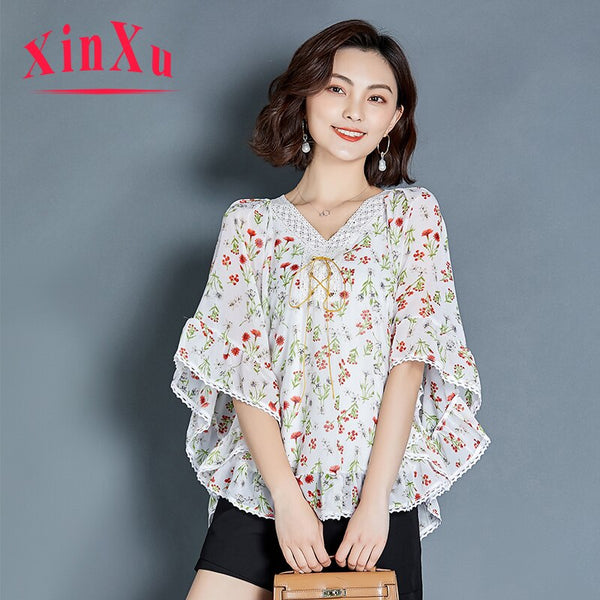 2023 Summer Elegant Floral Prints Three Quarter Chiffon Blouse Bat Shirt For Women Butterfly Sleeve Shirts