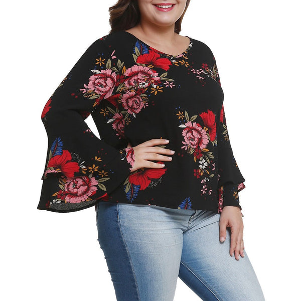 New Arrival Clothing Plus Size Blouse Women's Bell Sleeve Loose Polka Flower Shirt Ladies Casual Top high Quality Elegant#GHC