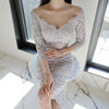 Spring Midi Bodycon Dress Ladies Elegant Retro Sexy Perspective Mesh Backless Lace Party Club Skinny Dress