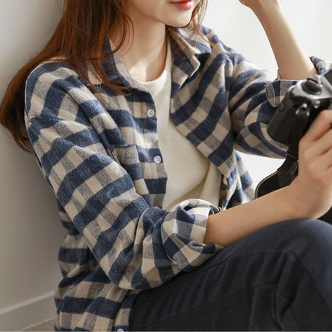 Spring Women Long Sleeve Shirt Preppy Style Turn-down Collar Loose Plaid Blouse Casual Ladies Tops D222