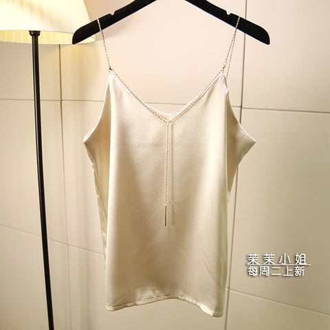 New Arrival Summer Women Fashion Sexy V Low Cut Grosgrain Metal Strip Short Solid Crop Top Female Beach Club Colar Camisole