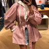 New Arrival Women Blazer Plaid V-Neck Single Breasted Lantern Sleeve Belt Blazer Pink Gray Elegant Office Lady  Top C87313X