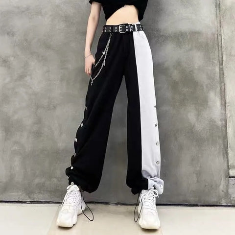 Women Contrast Cargo Pants Female Elastic Waist Wide Leg Trousers Ladies Korean High Street Pant Plus Size