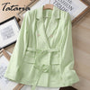 Autumn Blazer Women Linen Suit 2023 Office Plaid Jacket Female Classic Double Breasted with Belt Long Sleeve Cotton Coat