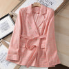 Autumn Blazer Women Linen Suit 2023 Office Plaid Jacket Female Classic Double Breasted with Belt Long Sleeve Cotton Coat