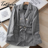 Autumn Blazer Women Linen Suit 2023 Office Plaid Jacket Female Classic Double Breasted with Belt Long Sleeve Cotton Coat