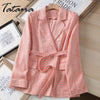 Autumn Blazer Women Linen Suit 2023 Office Plaid Jacket Female Classic Double Breasted with Belt Long Sleeve Cotton Coat