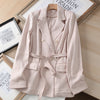 Autumn Blazer Women Linen Suit 2023 Office Plaid Jacket Female Classic Double Breasted with Belt Long Sleeve Cotton Coat