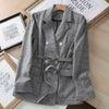 Autumn Blazer Women Linen Suit 2023 Office Plaid Jacket Female Classic Double Breasted with Belt Long Sleeve Cotton Coat