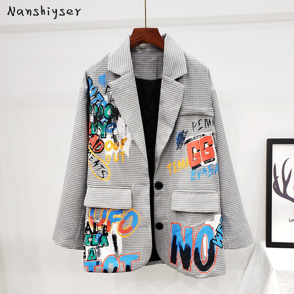 Autumn Plaid Suit Blazer Women Letter Graffiti Print Outerwear Female Casual Suit Jacket Female Chic Korean Coats