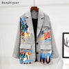 Autumn Plaid Suit Blazer Women Letter Graffiti Print Outerwear Female Casual Suit Jacket Female Chic Korean Coats