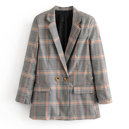 New Autumn Vintage Plaid Blazer Coat Women Long sleeve Double Breast Pocket Suit Blazer Winter Loose Outerwear Female 2022 AO543