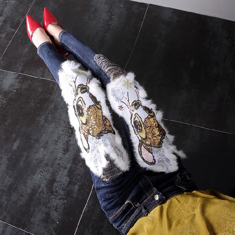 Autumn Winter Women's Jeans Cartoon Sequins Rabbit Fur Full Length Pants  Students Skinny Pencil Pants
