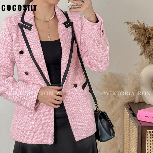 Autumn Women Pink Tweed Blazer Coat Long Sleeve Double Breasted Female Office Lady Jacket Outerwear Chic Tops trf