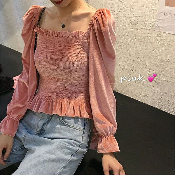 Autumn Women Gold Velvet Blouse Girl Square collar Shirt Spring Long Sleeve Blousas Basic Tops Pullovers Bottomings WZ1129