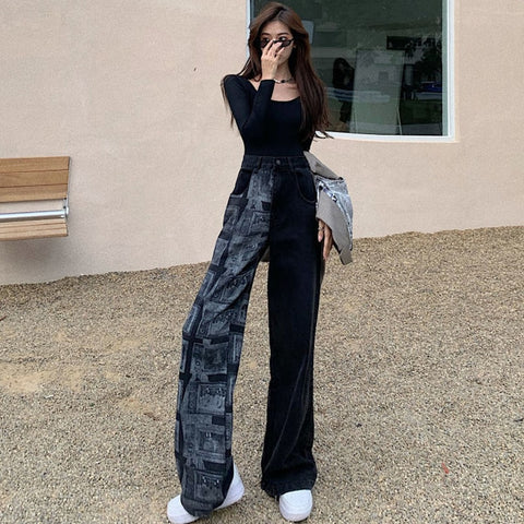 Autumn Women Jeans Hip-hop Printing Wash High Waist Female Denim Jeans Loose Wide Leg Streetwear Pants