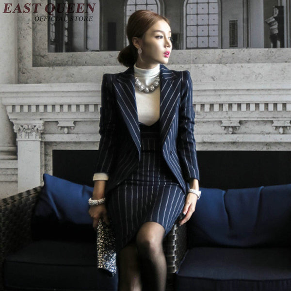 Autumn blazer with skirt set blue striped womens business suits women elegant skirt suits XL AA2926 YQ