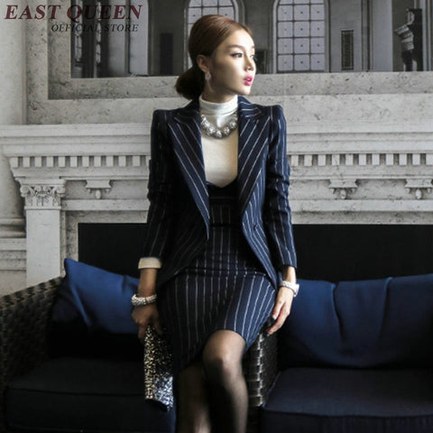Autumn blazer with skirt set blue striped womens business suits women elegant skirt suits XL AA2926 YQ