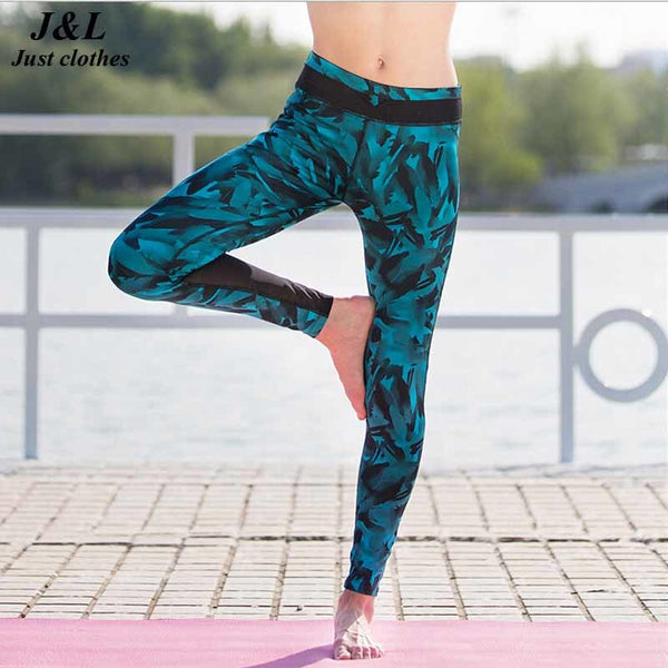 New! Blue Feather Print Leggings Women Sexy Mesh Splice Fitness Legging Brand Sporting Style Dry Quick Pants Slim Jeggings