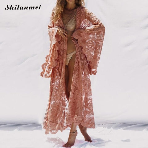 New Boho Lace Hollow Kimono Cardigan 2022 Summer Women Blusas Vintage Loose Bohemian Blouse Shirts Long Outerwear Wine Red Pink