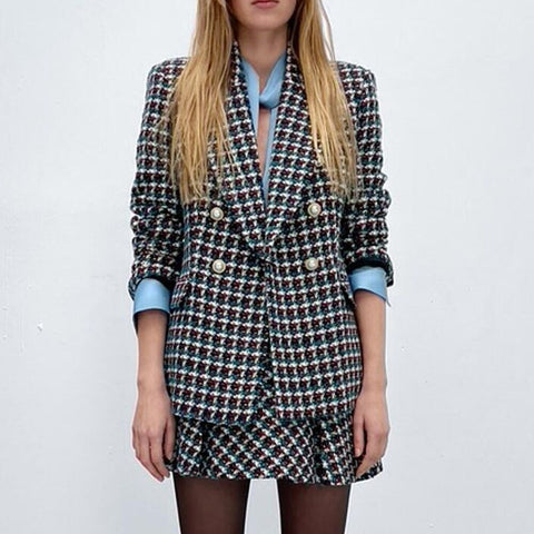 Casual Women Tweed Blazer Vintage Office Lady Jacket Coat Double Breasted Fall Winter Outerwear Female Chic Tops