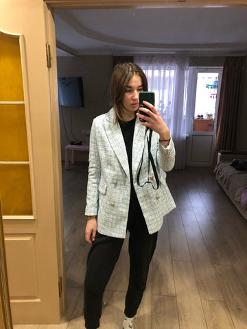 Casual Women Tweed Blazer Vintage Office Lady Jacket Coat Double Breasted Spring Autumn Outerwear Female Chic Tops