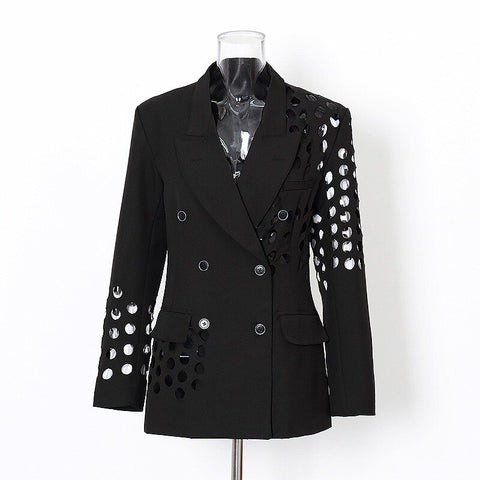 Chic Circle Hollow Out Design Long Sleeves Turn-down Collar Celebrity Party Club Femal Blazer