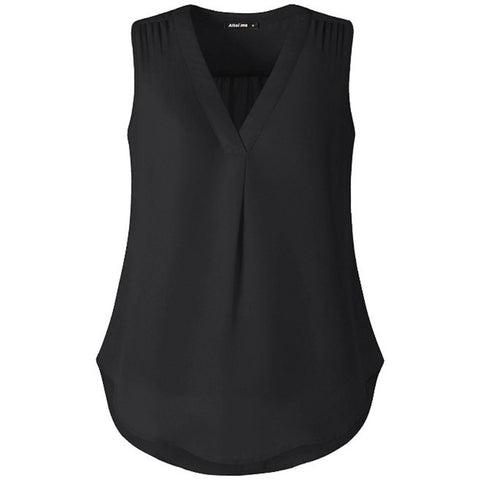New Chiffon Womens V Neck Shirts Double Layered Pleated Blouse Office Tank Top Solid