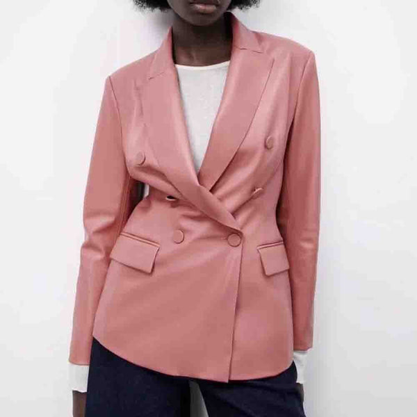 Commuter Autumn and Spring Women's Faux Leather Double Breasted Blazer Jacket and Pants