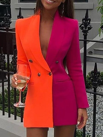 Contrast Color Stitching  Professional Wear V-neck Cardigan Suit Skirt Blazer Women Colorful Blazer Jacket for Women Coats