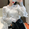 Crochet Lace Blouse Women  Chic Ruffle Lace Stitching Shawl Ladies Stand Collar Tops 2023 Spring Long Sleeve Slim Shirt13025