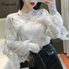 Crochet Lace Blouse Women  Chic Ruffle Lace Stitching Shawl Ladies Stand Collar Tops 2023 Spring Long Sleeve Slim Shirt13025