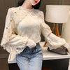 Crochet Lace Blouse Women  Chic Ruffle Lace Stitching Shawl Ladies Stand Collar Tops 2023 Spring Long Sleeve Slim Shirt13025