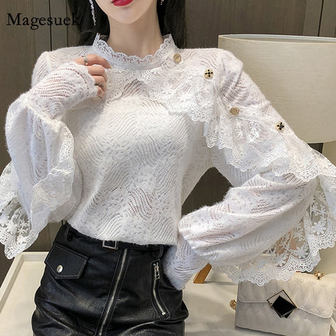 Crochet Lace Blouse Women  Chic Ruffle Lace Stitching Shawl Ladies Stand Collar Tops 2023 Spring Long Sleeve Slim Shirt13025