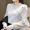 Crochet Lace Blouse Women  Chic Ruffle Lace Stitching Shawl Ladies Stand Collar Tops 2023 Spring Long Sleeve Slim Shirt13025