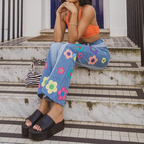 Cute Floral Jeans Women Y2K Patchwork High Waist Harajuku Straight Jeans Baggy Cargo Pants Capri Hipster Slim Fit Trousers