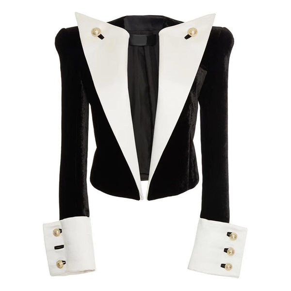 Designer Blazer Women Ladies Large Lapel Gold Buckle Black White Patchwork Velvet Short Suit Women Blazers  Jacket Female