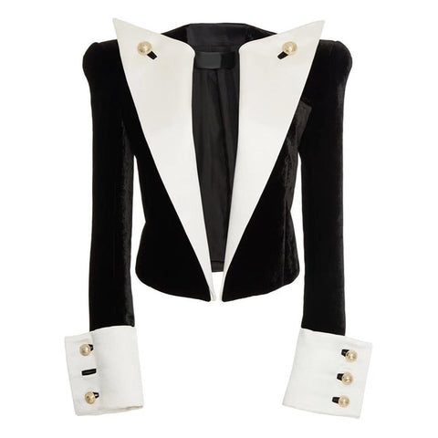 Designer Blazer Women Ladies Large Lapel Gold Buckle Black White Patchwork Velvet Short Suit Women Blazers  Jacket Female