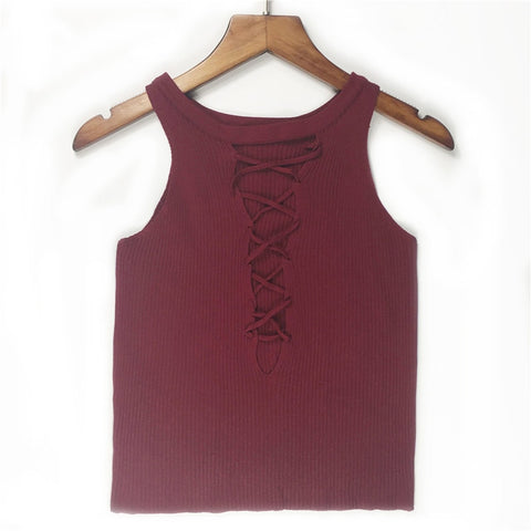 New Elasticity Knit Crop Tops Women Club Tank Top Wear On Two Sides Sexy Short Camis Female O-neck V-line Bandage Off White Tops