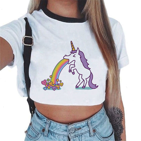 New Fashion 2022 Sexy Women Harajuku print Unicorn Casual Short sleeve Tank Tops Round Neck Ladies Chiffon Crop Top T-Shirt Vest