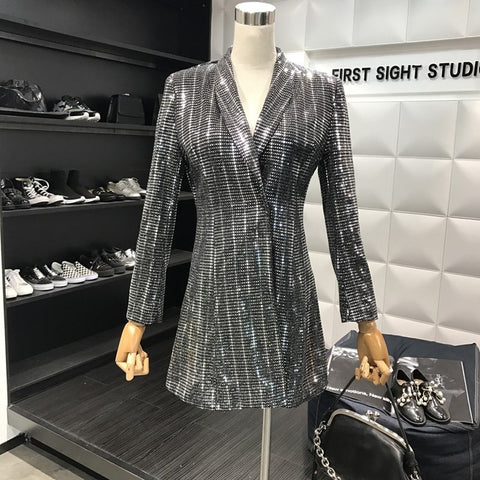 New Fashion 2022 Designer Blazer Women Long Sleeve V neck Bling Sequined Long Blazer