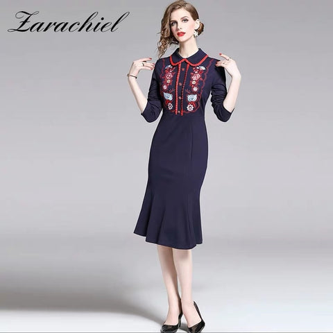 2022 Autumn Womens Elegant Vintage Flower Embroidery Work Office Casual Midi Party Fitted Bodycon Mermaid Dress