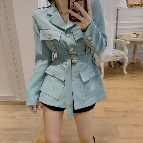 2022 Designer White Jacket Women Single Breasted Metal  Buttons Blazer With Belt Clothing