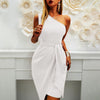 Asymmetrical Dresses For Women  Elegant Temperament Inclined Shoulder Solid Sleeveless Belt Party Midi Dress