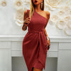 Asymmetrical Dresses For Women  Elegant Temperament Inclined Shoulder Solid Sleeveless Belt Party Midi Dress