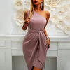 Asymmetrical Dresses For Women  Elegant Temperament Inclined Shoulder Solid Sleeveless Belt Party Midi Dress