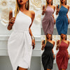 Asymmetrical Dresses For Women  Elegant Temperament Inclined Shoulder Solid Sleeveless Belt Party Midi Dress