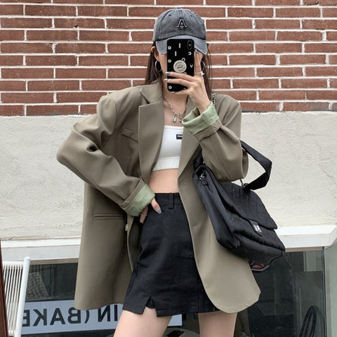 Autumn Chic Solid Color Elegant Blazer Women Single Button Loose Solid V-Neck Long Sleeve Cardigan Blazers 2023