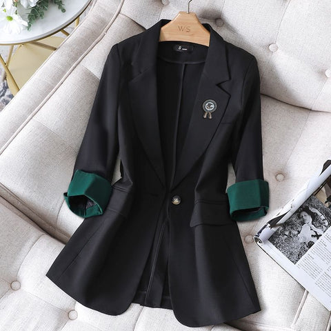 Blazer Coat Female Single-button Korean  Long Sleeve Solid Casual Elegant Professional Office Ladies Coat